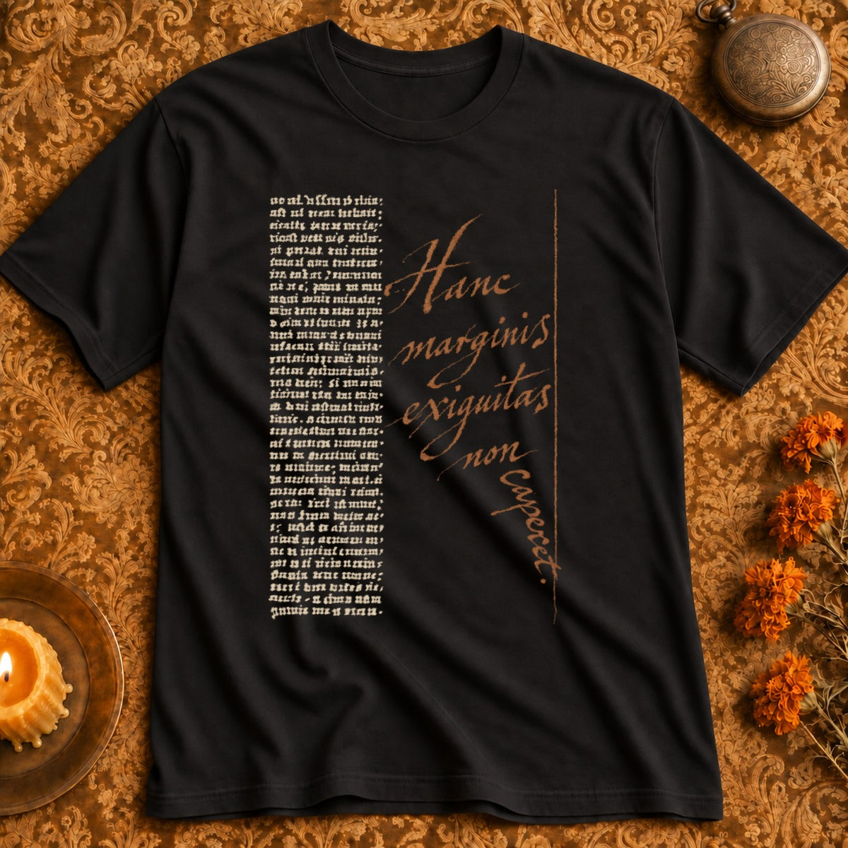 Black t-shirt with vertical text and "Hanc marginis exi qutas non caperet" in script.