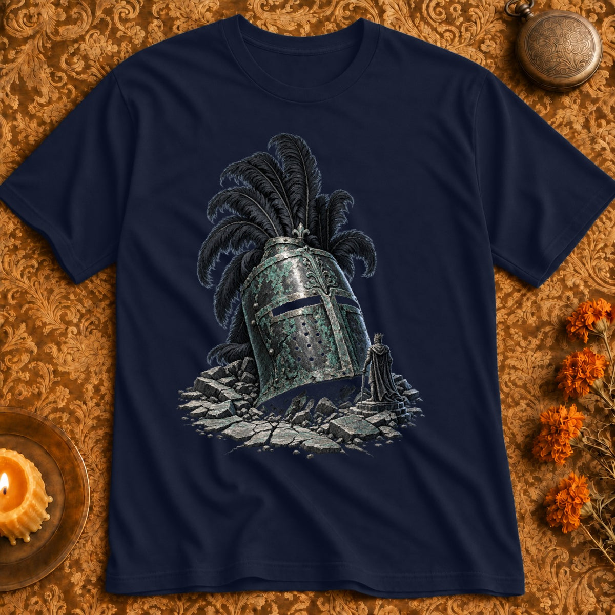 Dark blue t-shirt featuring a distressed medieval helmet with black feathers and a small figure.