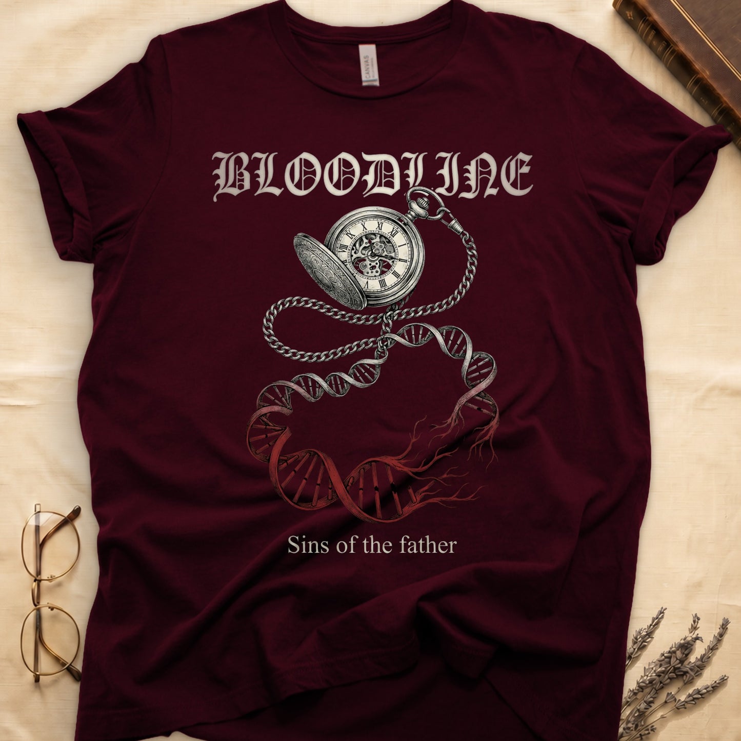 Maroon tee with antique pocket watch chain becoming DNA helix with red roots, "BLOODLINE" top, "Sins of the father" below.