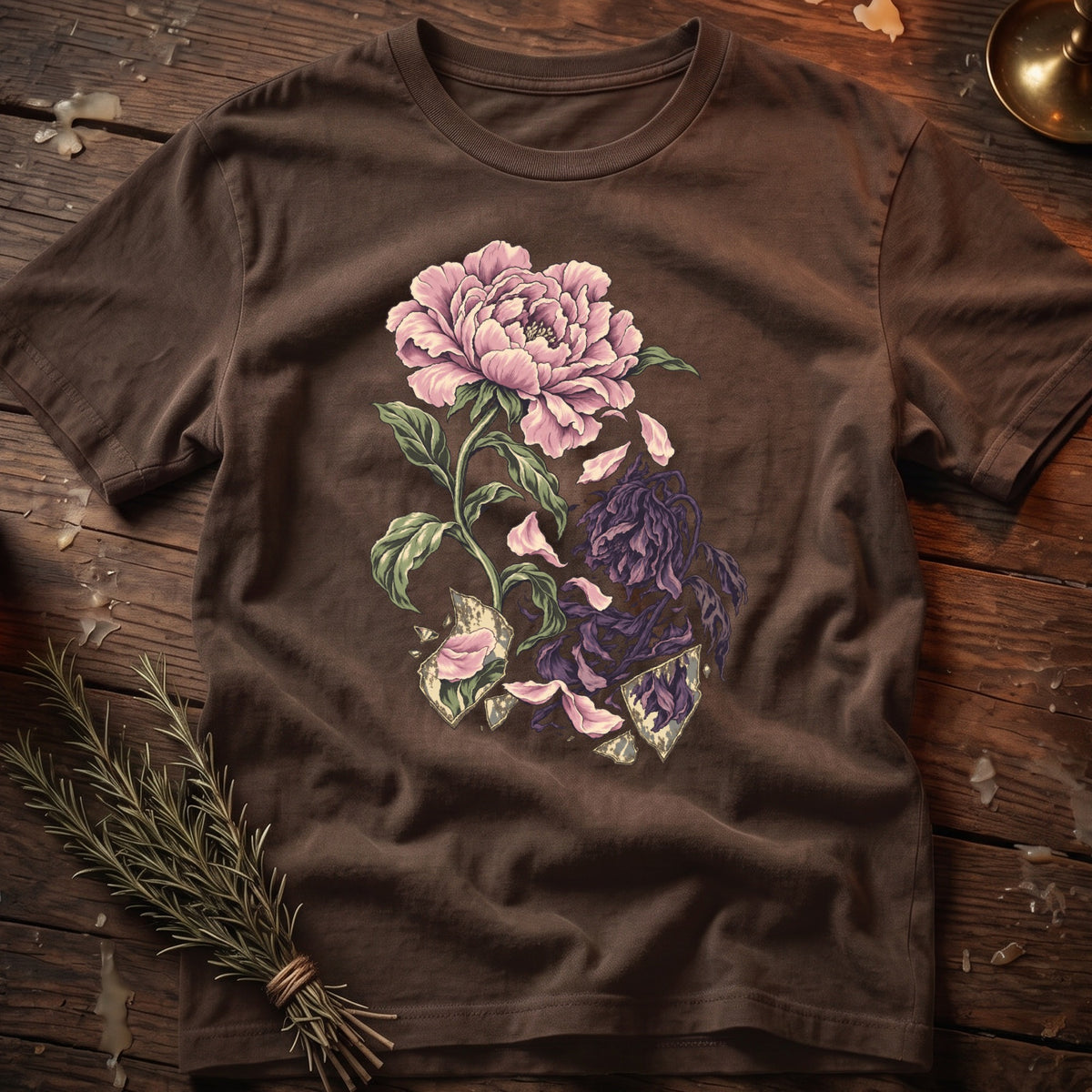 Brown t-shirt with a cracked floral graphic of a pink peony and a withered purple flower.