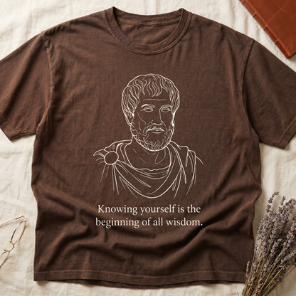 Espresso tee with classical philosopher bust in cream linework, "Knowing yourself is the beginning of all wisdom" below.
