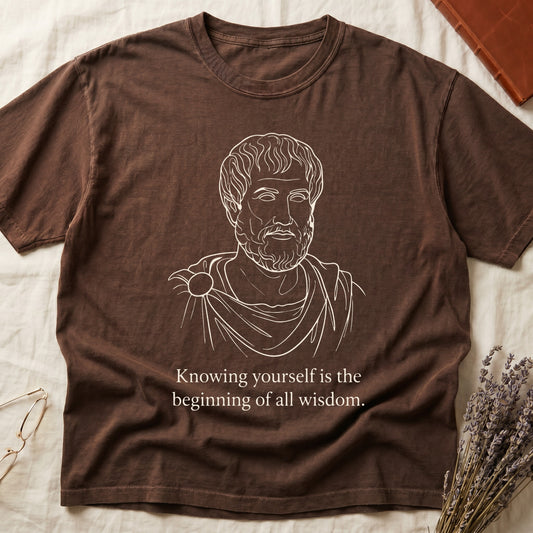 Espresso tee with classical philosopher bust in cream linework, "Knowing yourself is the beginning of all wisdom" below.