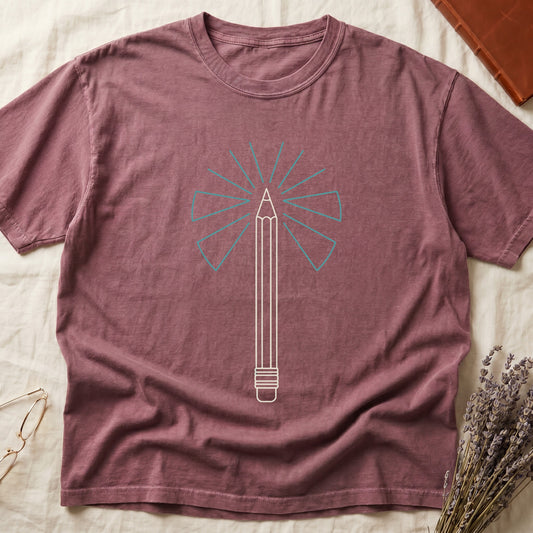 Dark Rose tee with single vertical graphite pencil in cream linework, fan of teal and grey rays radiating behind.
