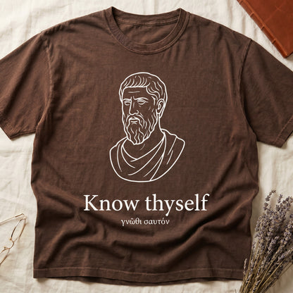 Espresso tee with classical Greek philosopher bust in white linework, "Know thyself" in cream serif below.