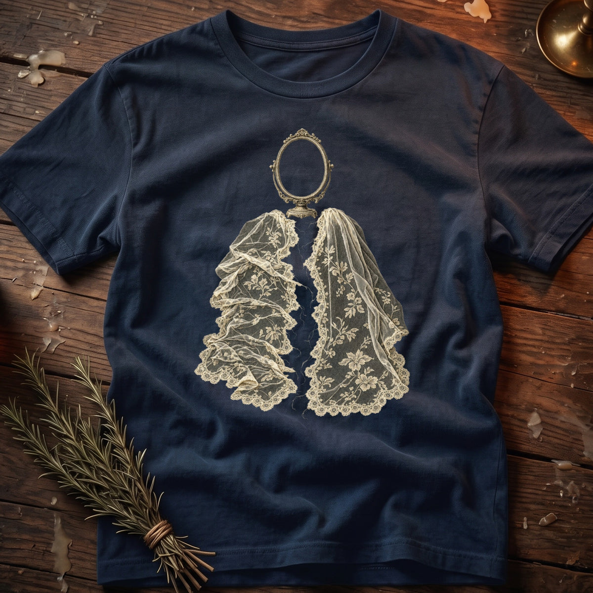 Navy t-shirt with an oval antique mirror and lace veil graphic.