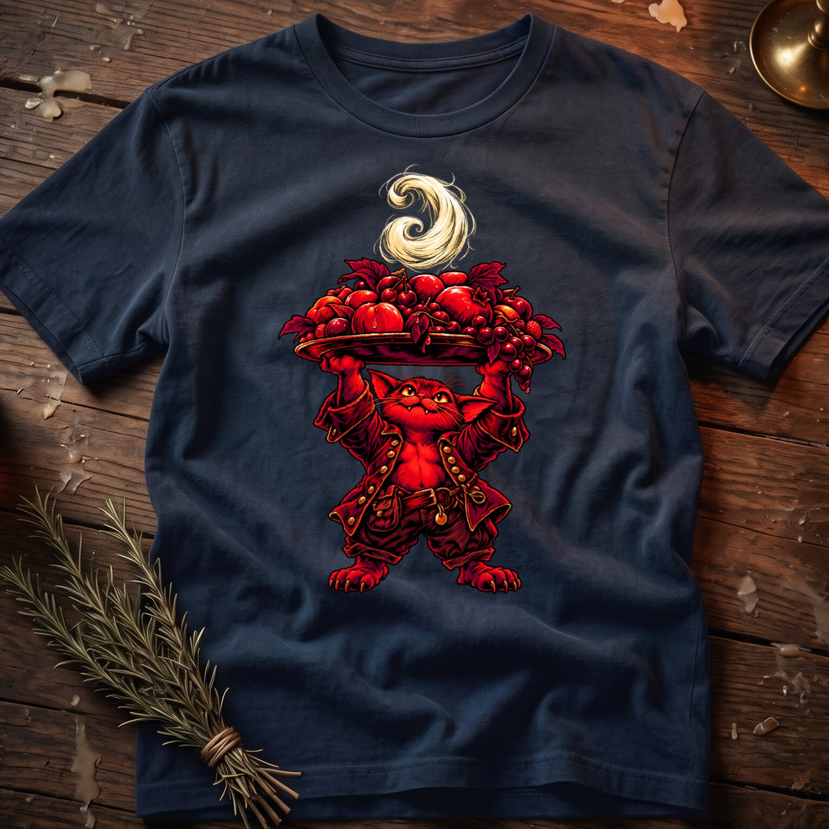 Red cartoon cat in a jacket holding a tray of fruit with a swirl above.