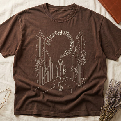 Espresso tee with cream linework of a Victorian campus building with climbing ivy across the facade.
