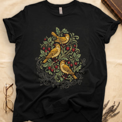 Black tee with three yellow songbirds perched among strawberry vines and green leaves, William Morris pattern style.
