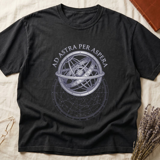 Black tee with engraved armillary sphere, "AD ASTRA PER ASPERA" in serif capitals, zodiac symbols, classical astronomy.