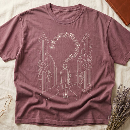 Dark Rose tee with cream linework of a Victorian campus building with climbing ivy across the facade.