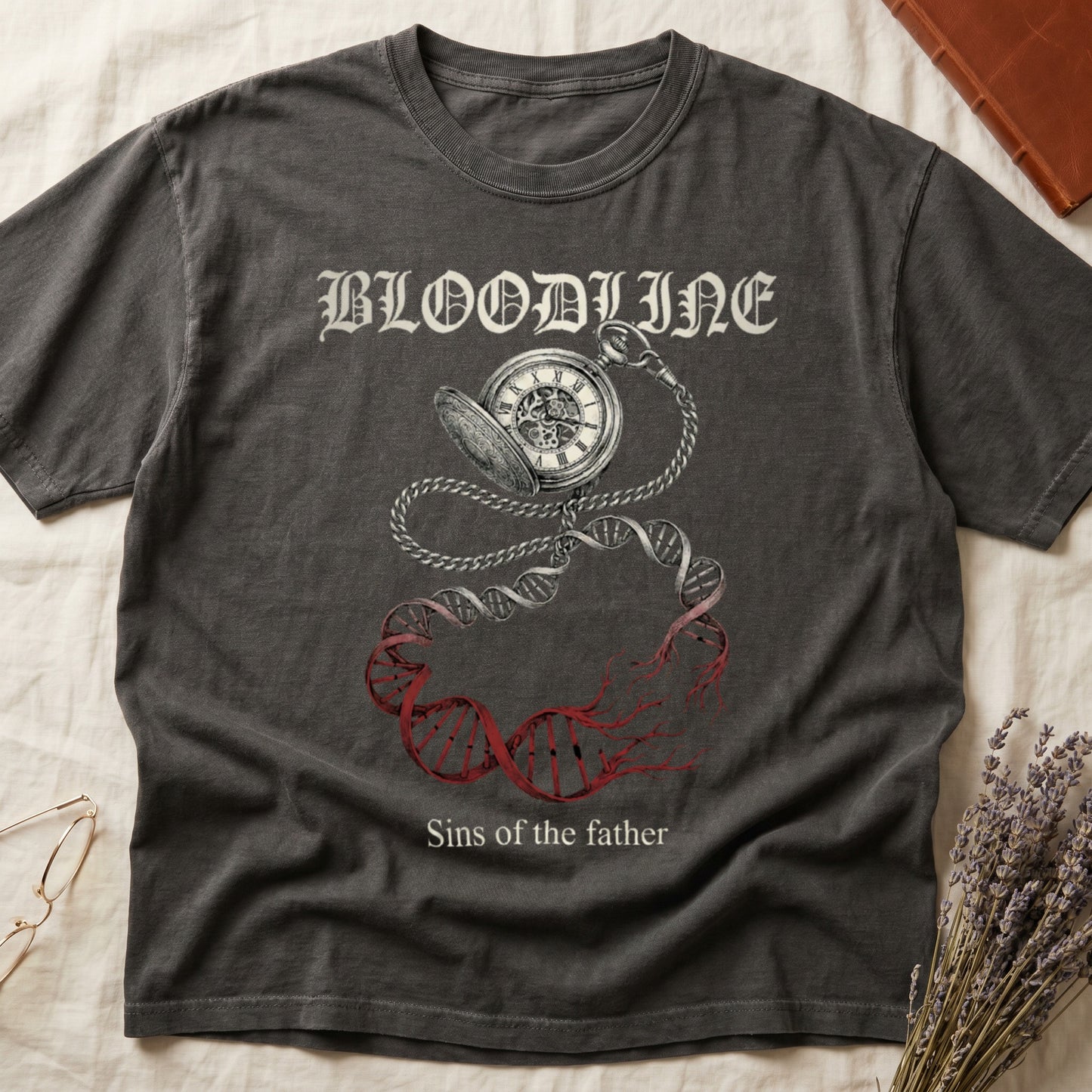 Pepper tee with antique pocket watch chain becoming DNA helix with red roots, "BLOODLINE" top, "Sins of the father" below.
