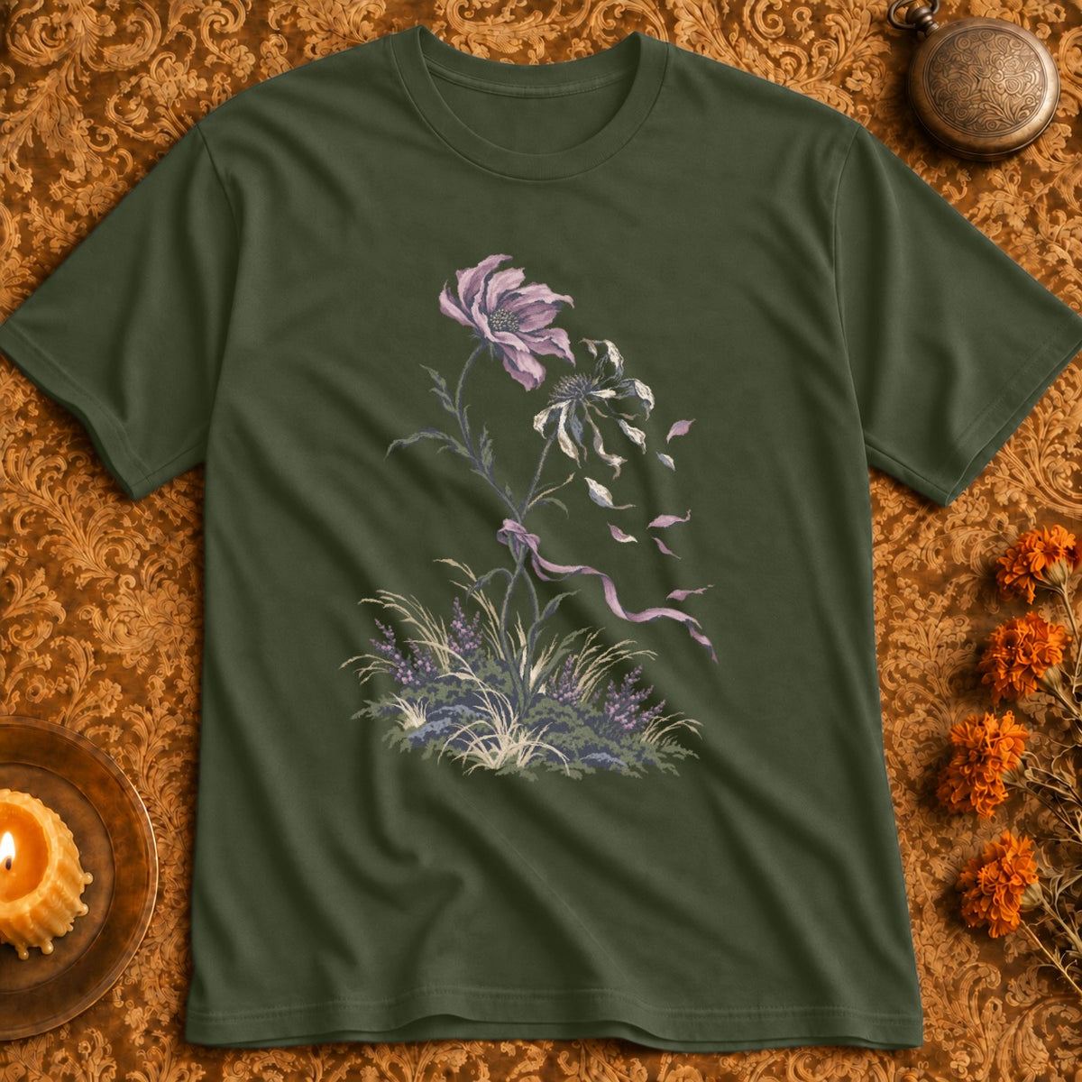 Olive green t-shirt with a fading floral illustration and purple ribbon detail.