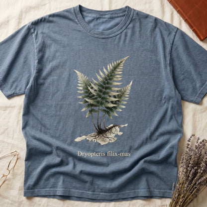 Blue Jean tee with Victorian fern illustration of Dryopteris filix-mas in greens with exposed root, italic Latin binomial below.