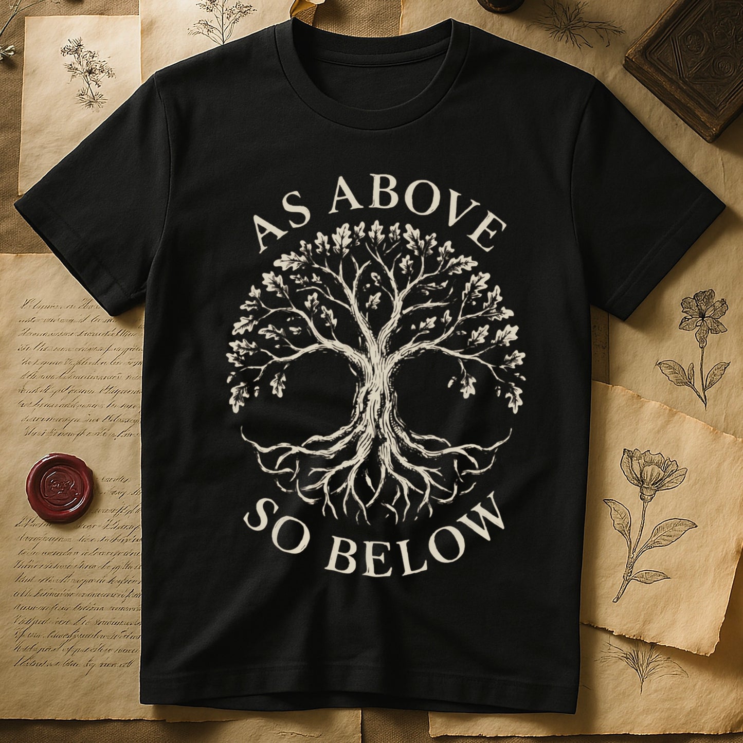 Black tee with Tree of Life in cream linework, mirrored canopy and roots, "AS ABOVE" and "SO BELOW" in serif arcs.