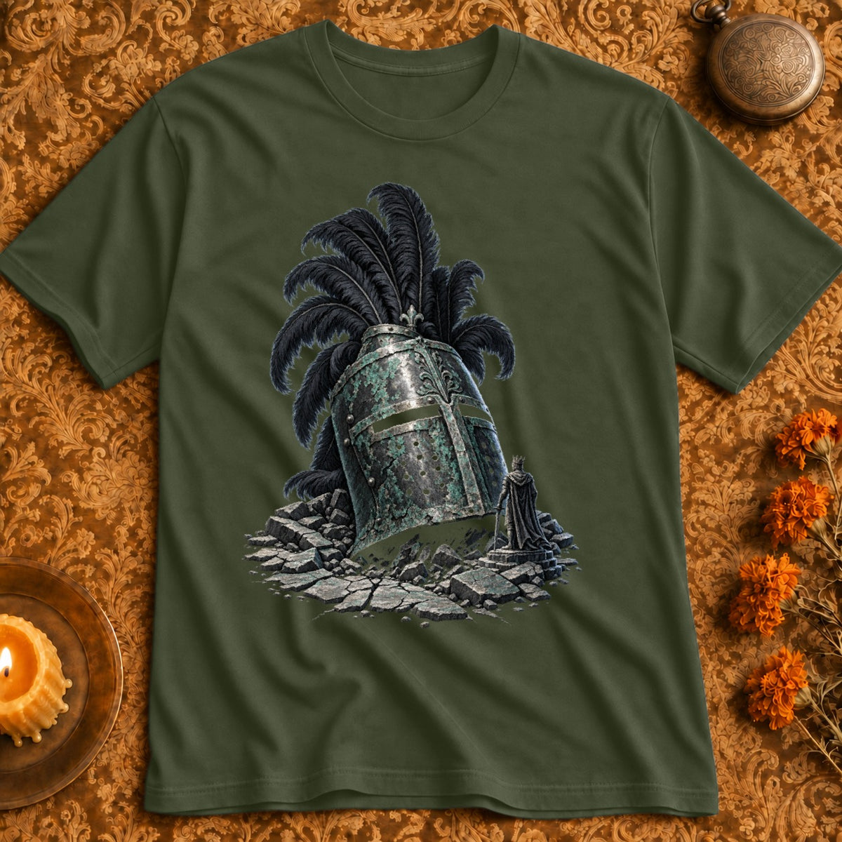 Green t-shirt with graphic of knight's helmet, black feathers, and a figure.