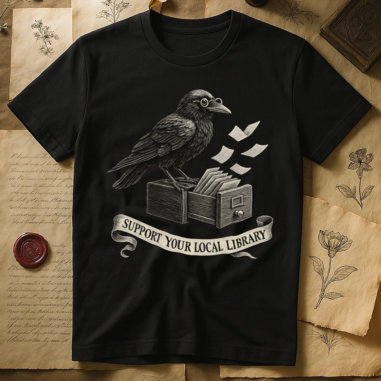 Black tee with raven writing on "823.4" parchment by candlelight, ink jar beside, "MIDNIGHT CATALOGUER" banner above.