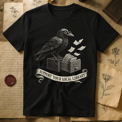 Black tee with raven writing on "823.4" parchment by candlelight, ink jar beside, "MIDNIGHT CATALOGUER" banner above.