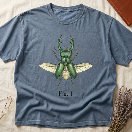Blue t-shirt with a green stag beetle illustration and "Fig. 1".