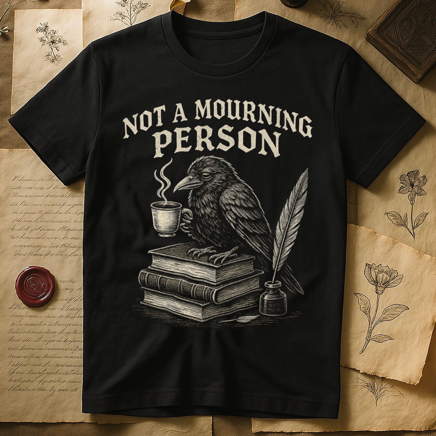 Black tee with raven holding coffee on stack of books, quill in inkwell, "NOT A MOURNING PERSON" distressed serif top.