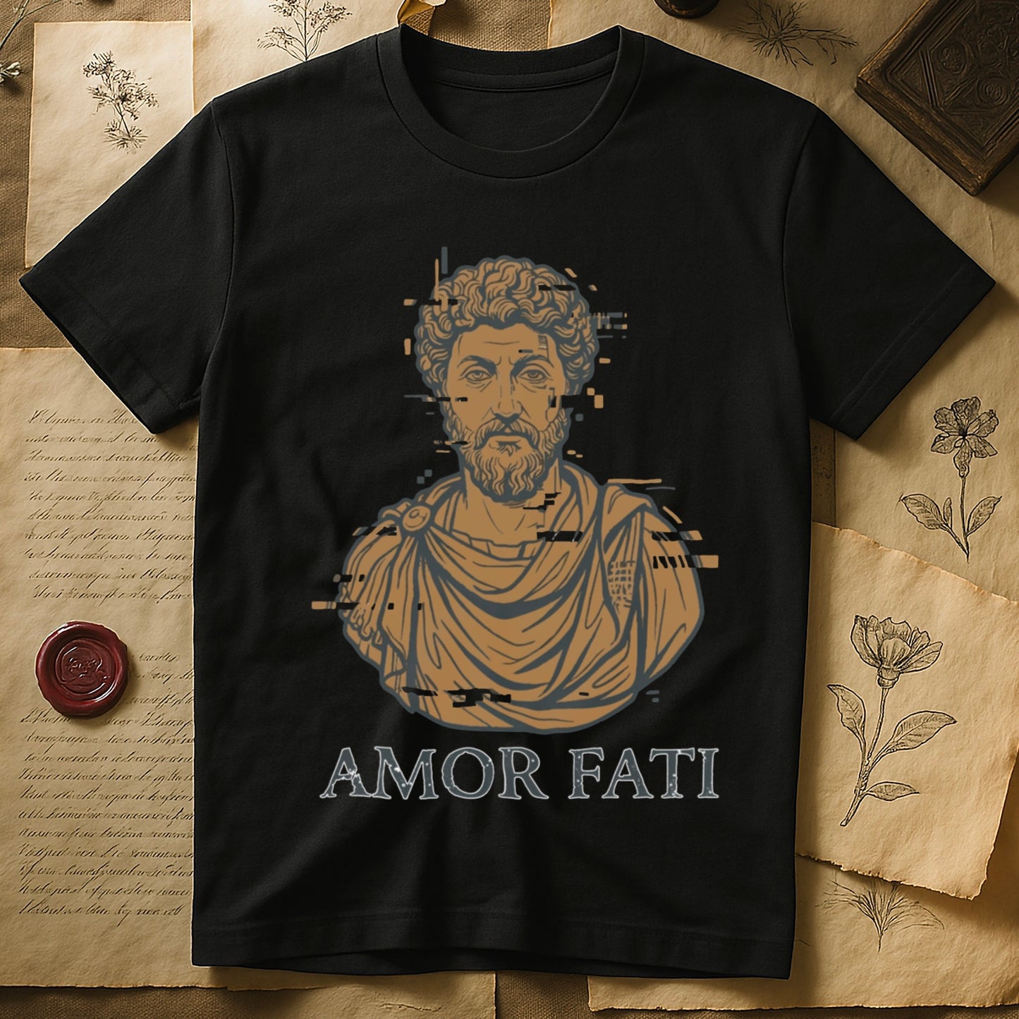 Black tee with bearded Stoic bust portrait in copper and slate, "AMOR FATI" in distressed serif capitals below.