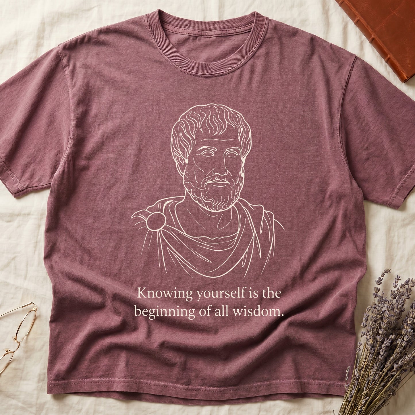 Dark Rose tee with classical philosopher bust in cream linework, "Knowing yourself is the beginning of all wisdom" below.