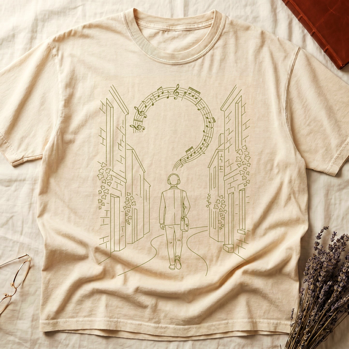 Ivory tee with cream linework of a Victorian campus building with climbing ivy across the facade.