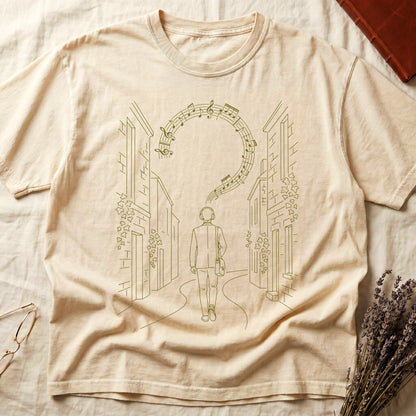 Ivory tee with cream linework of a Victorian campus building with climbing ivy across the facade.