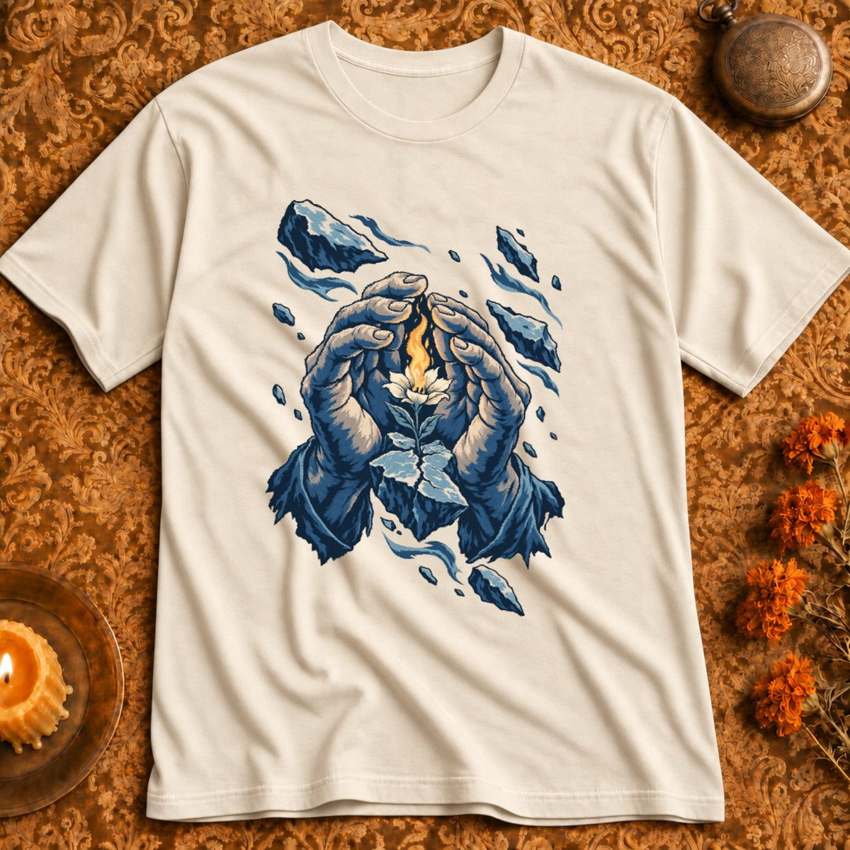 Cream t-shirt with graphic of hands protecting a flower and surrounding rocks.