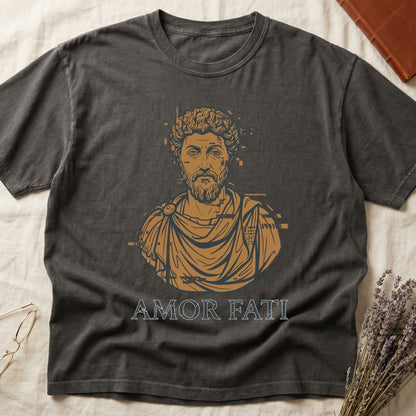Pepper tee with bearded Stoic bust portrait in copper and slate, "AMOR FATI" in distressed serif capitals below.