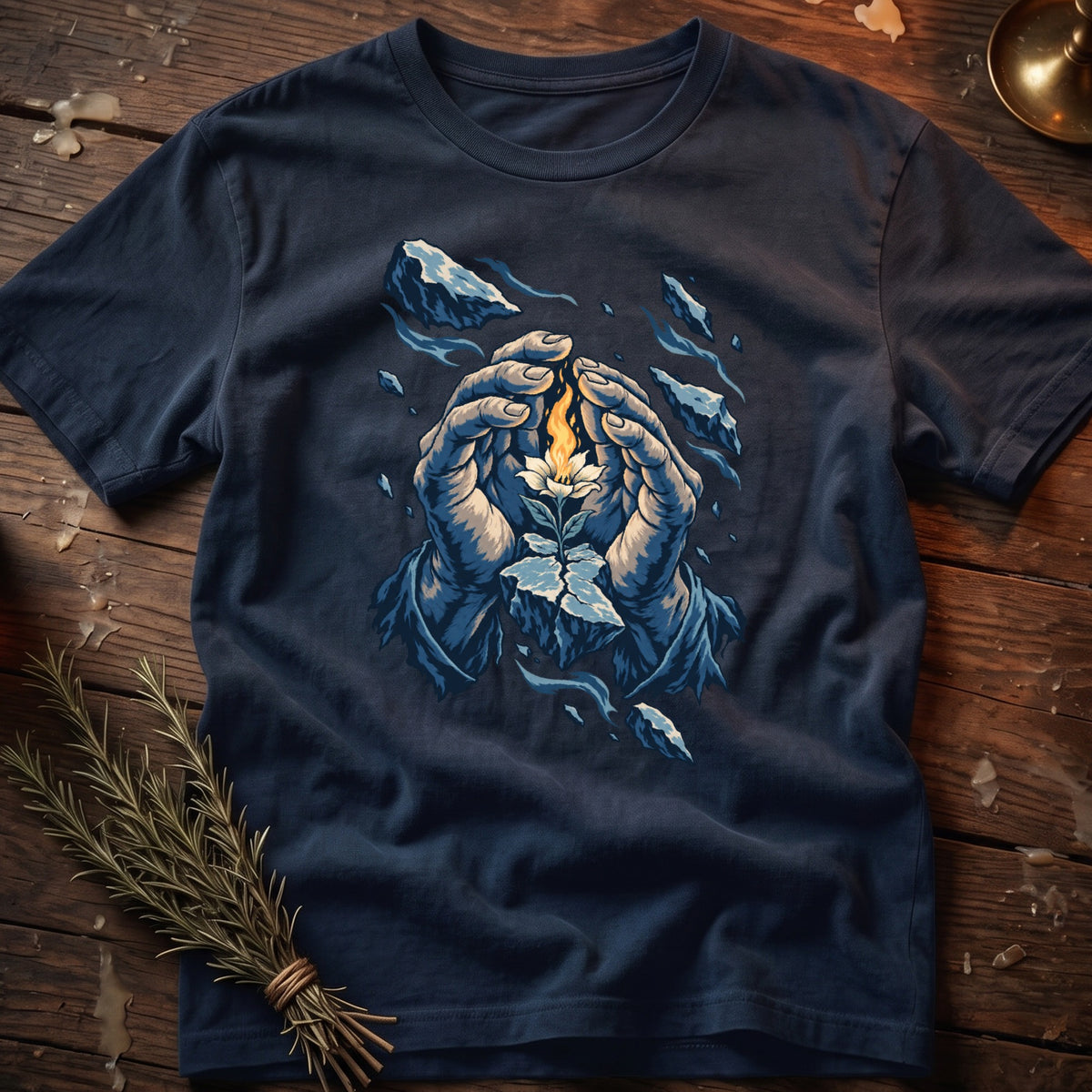 Dark blue t-shirt with illustration of hands protecting a glowing flower emerging from ice.