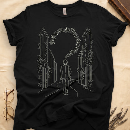 Black tee with cream linework of a Victorian campus building with climbing ivy across the facade.