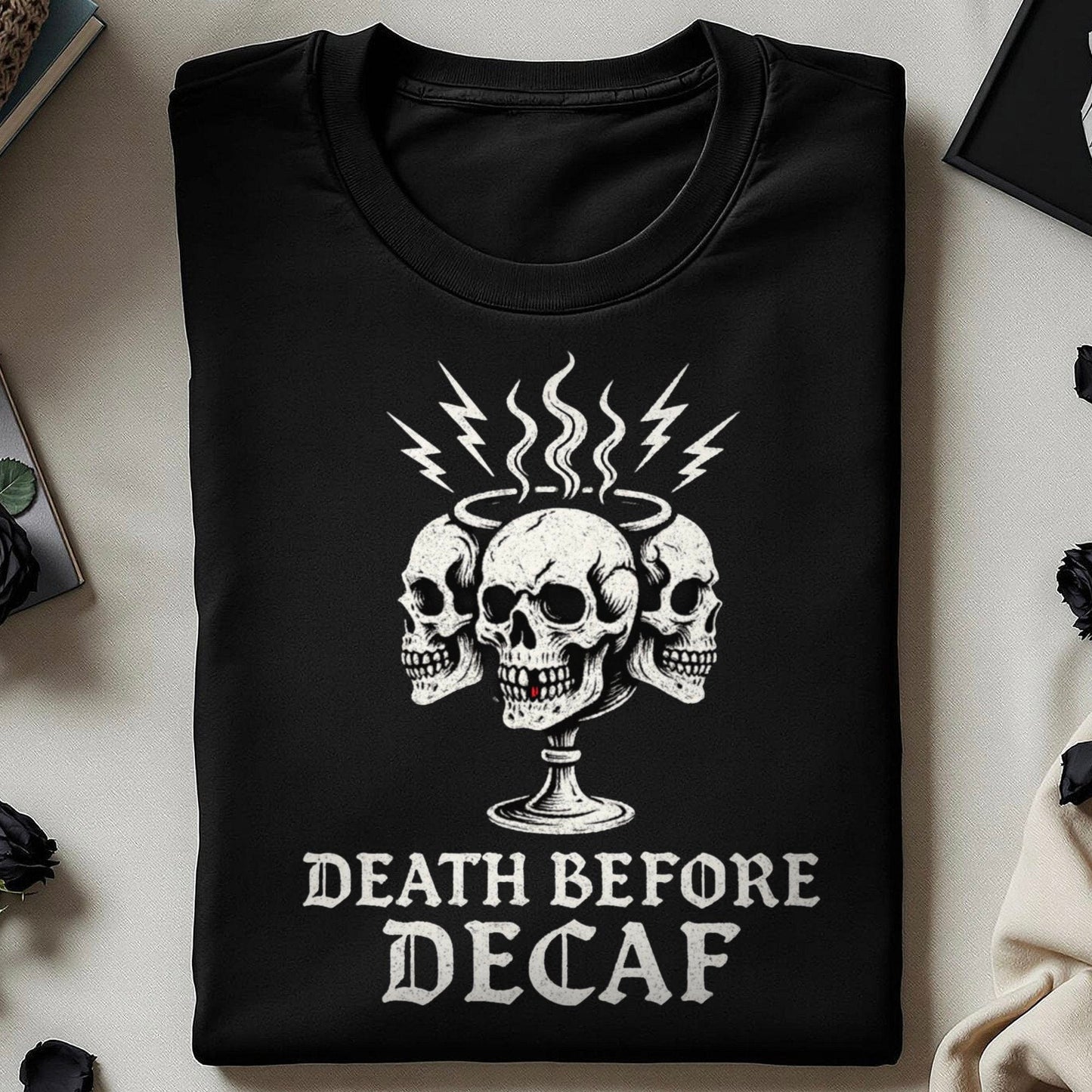 Death Before Decaf Skull Graphic Tee Shirt product