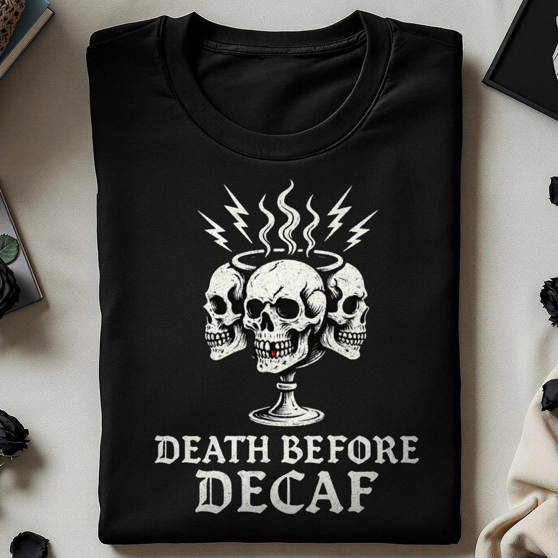 Death Before Decaf Skull Graphic Tee Shirt product