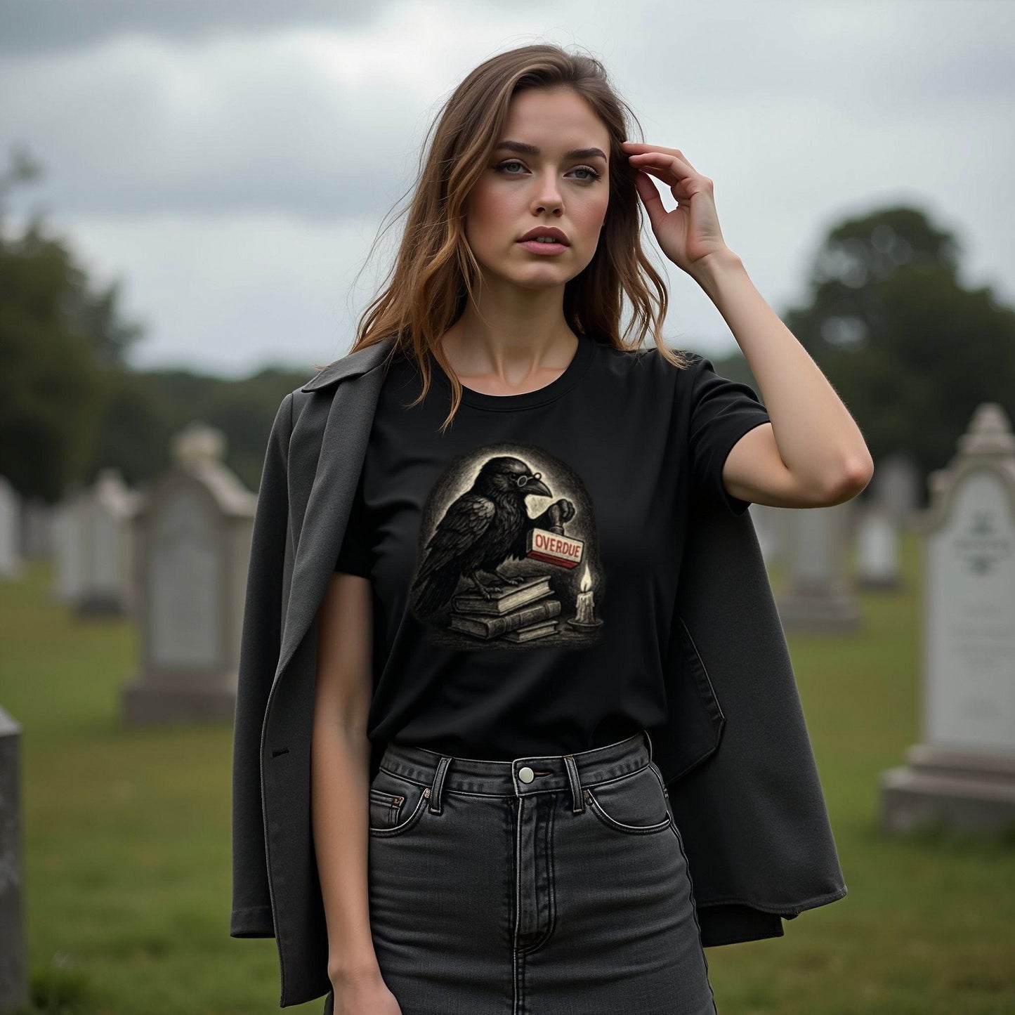Mysterious Raven with Books Graphic T-Shirt product type