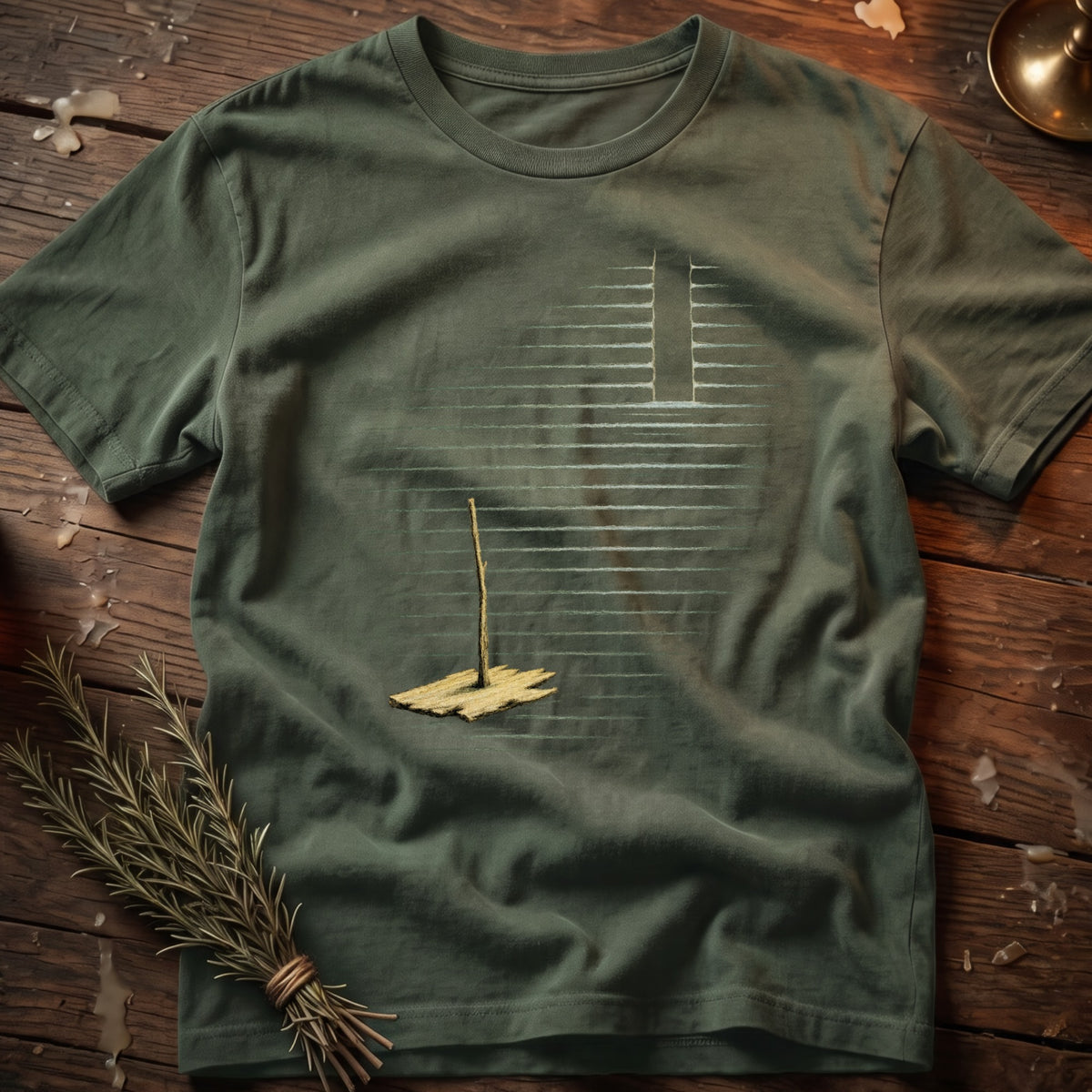 Olive green t-shirt with embroidered minimalist graphic of a stick and planks on horizontal lines.