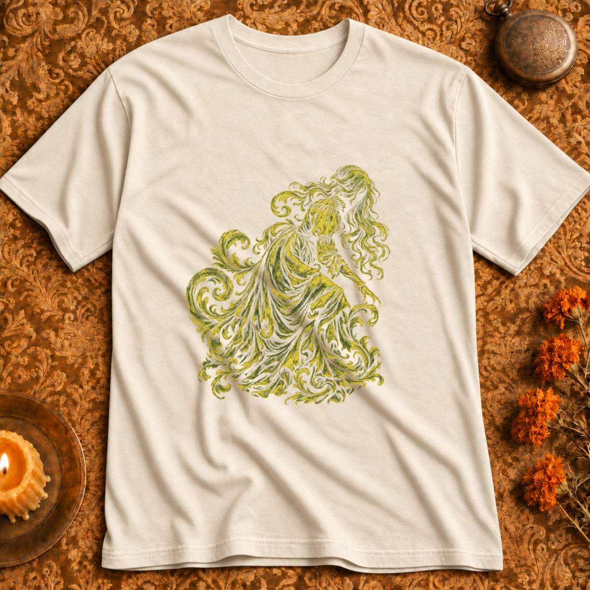 Cream t-shirt with a stylized, green and white swirling floral design featuring a human figure.