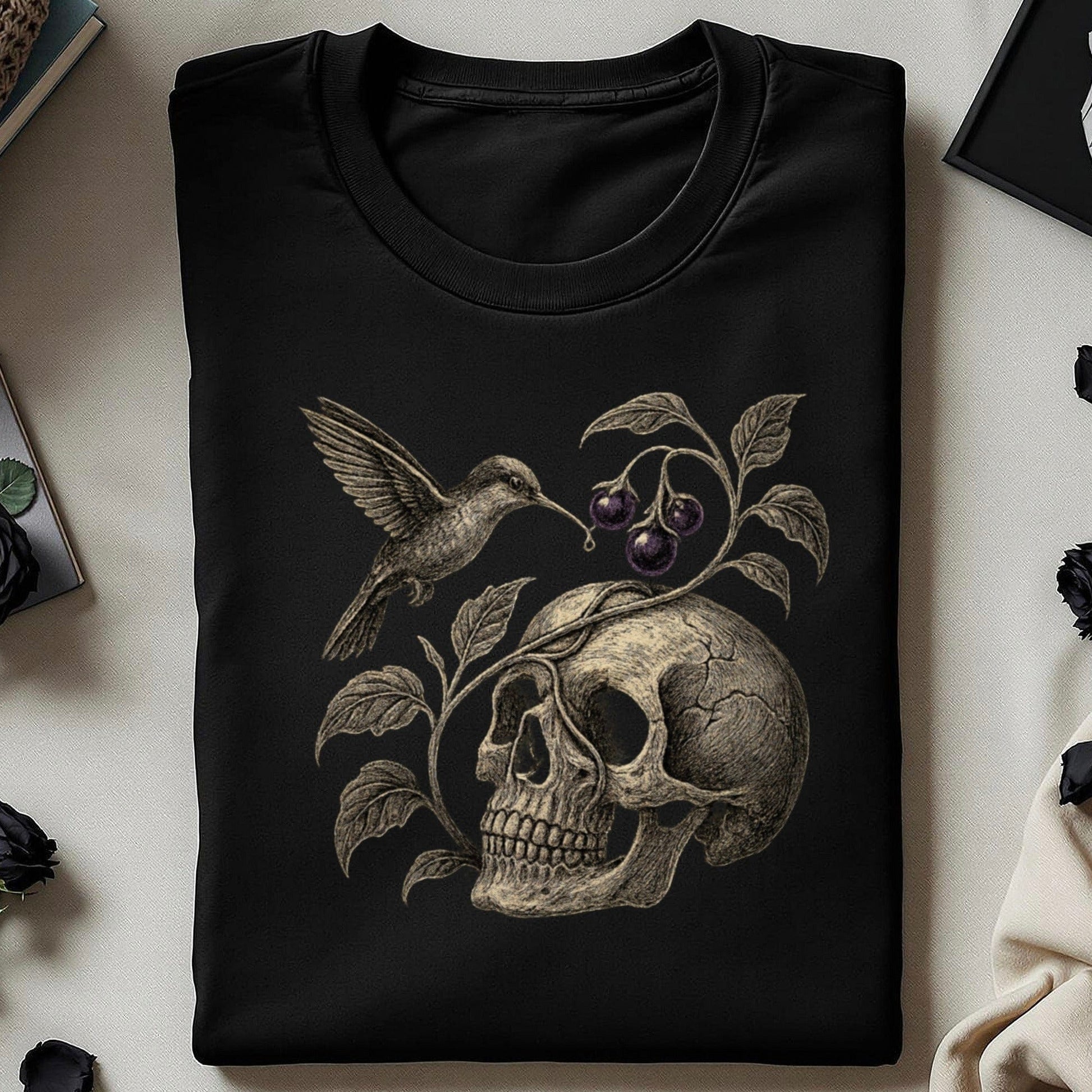 Unique Gothic Skull Art with Hummingbird and Cherries product