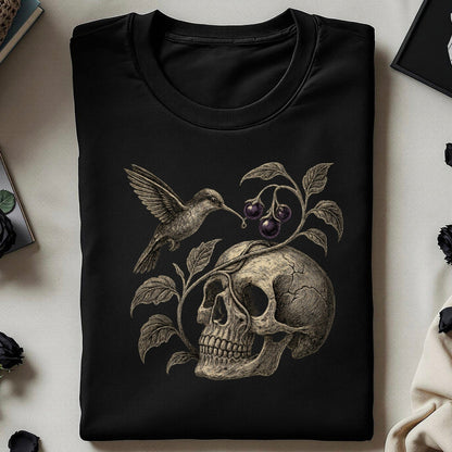 Unique Gothic Skull Art with Hummingbird and Cherries product