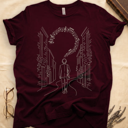 Maroon tee with cream linework of a Victorian campus building with climbing ivy across the facade.