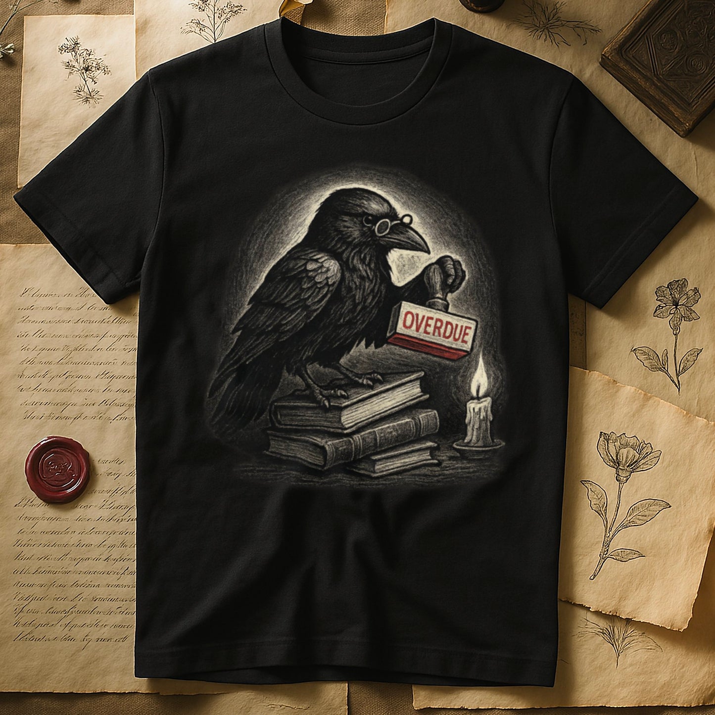 Black tee with bespectacled raven on stacked books, holding wooden "OVERDUE" stamp, lit candle beside, dawn glow behind.