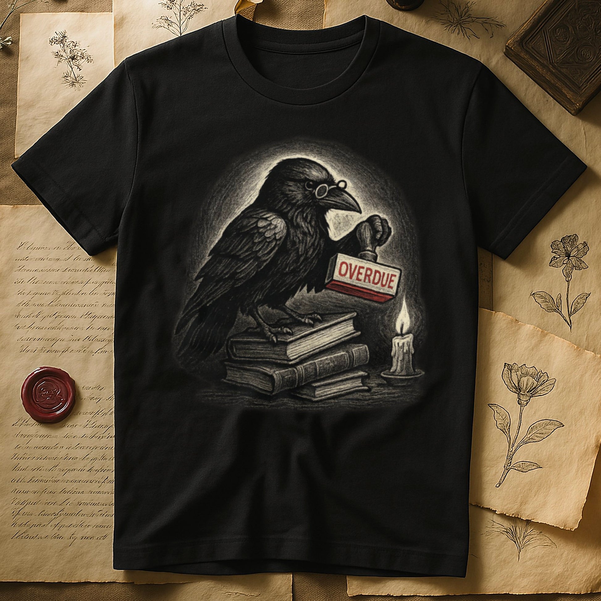 Black tee with bespectacled raven on stacked books, holding wooden "OVERDUE" stamp, lit candle beside, dawn glow behind.