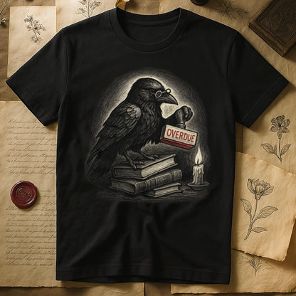 Black tee with bespectacled raven on stacked books, holding wooden "OVERDUE" stamp, lit candle beside, dawn glow behind.