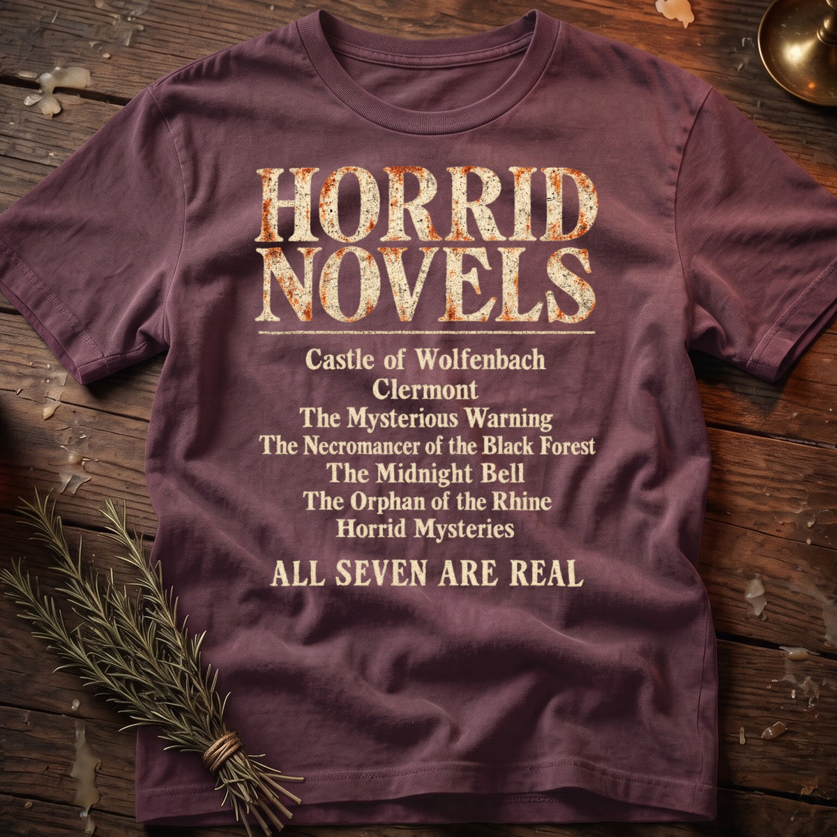 T-shirt with "Horrid Novels" and seven book titles listed.