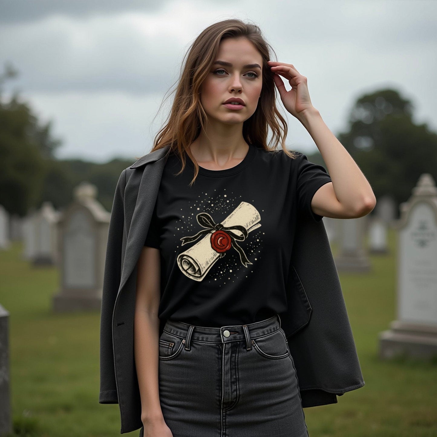 Stylish Scroll Design Black T-Shirt Fashion product