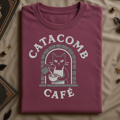 Catacomb Café Graphic Cat Pouring Coffee T-shirt product