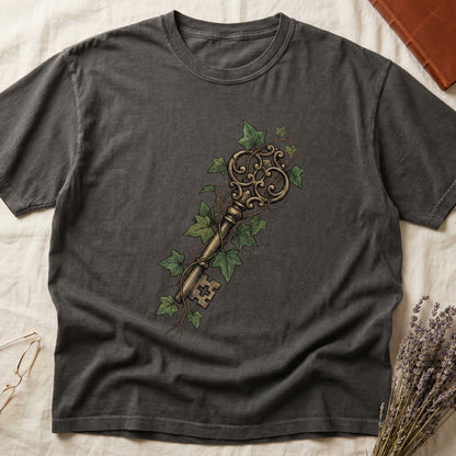 Pepper tee with ornate antique skeleton key in bronze, climbing English ivy in green on terracotta ground.