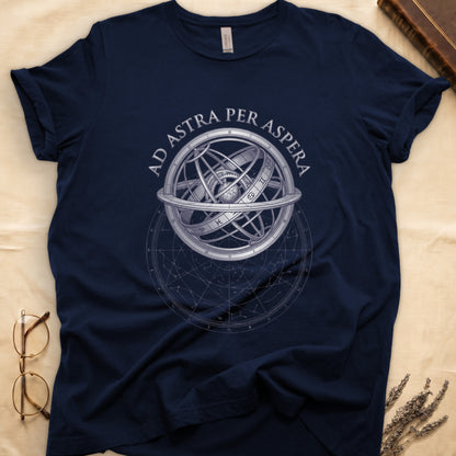 Navy tee with engraved armillary sphere, "AD ASTRA PER ASPERA" in serif capitals, zodiac symbols, classical astronomy.