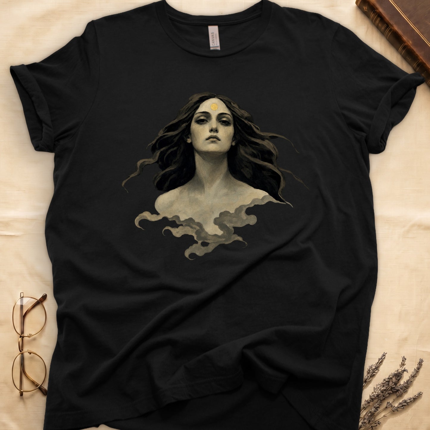 Black t-shirt with a vintage-style illustration of a woman with wavy hair and a gold sun mark.