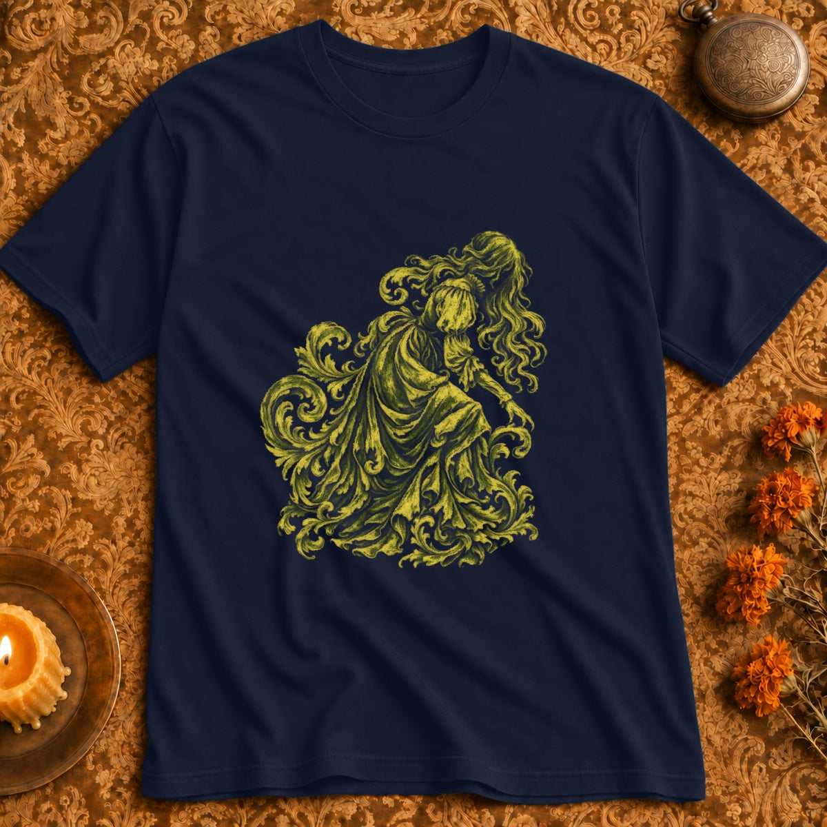 Navy t-shirt with yellow ornate depiction of a woman and floral scrollwork.