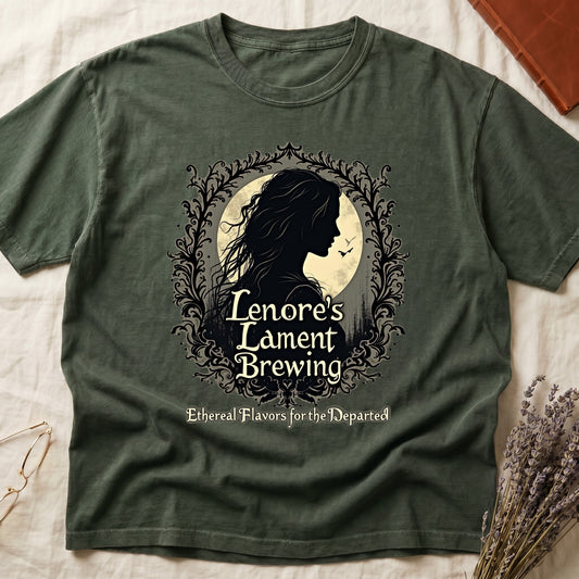 Green tee with sage label, Lenore silhouette and moon, "Lenore's Lament Brewing," "Ethereal Flavors for the Departed."